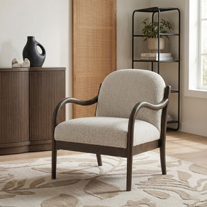 Meridian Furniture Helmsley Art Deco Accent Chair Sculpted Wood Frame Stain Resistant Woven Fabric Living Room Cream - B 33067Cream
