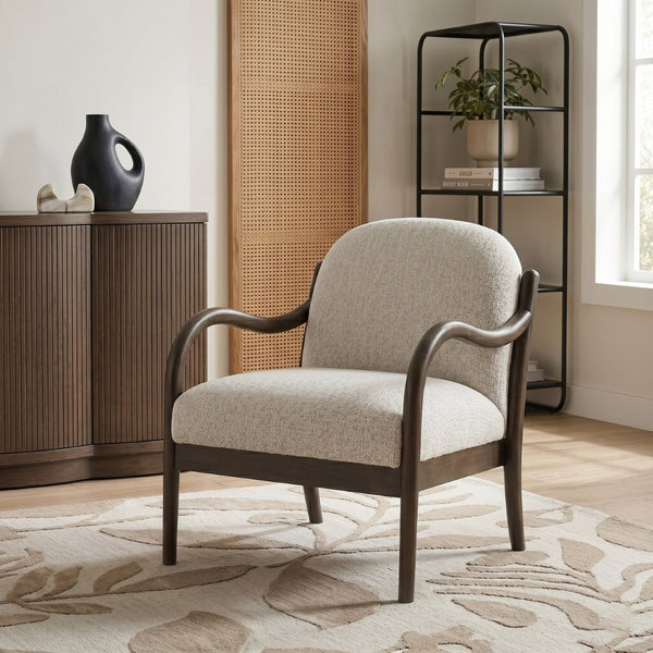 Meridian Furniture Helmsley Art Deco Accent Chair Sculpted Wood Frame Stain Resistant Woven Fabric Living Room Cream - B 33067Cream