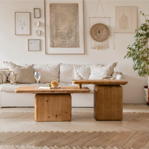 English Elm Vintage Retro Square Coffee Table Set with Wood Grain MDF Veneer & Fir Frame, Sturdy 110lb Capacity, Stylish Living Room Accent (Set of 2) Natural W757P235684