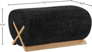 Meridian Furniture Akira Art Deco Upholstered Ottoman with Sculptural Solid Wood Base for Living Rooms Black Style 1 33071Black-Ott