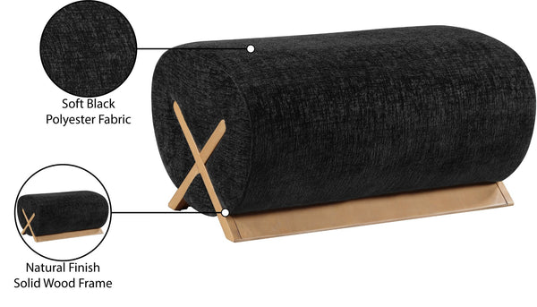 Meridian Furniture Akira Art Deco Upholstered Ottoman with Sculptural Solid Wood Base for Living Rooms Black Style 1 33071Black-Ott