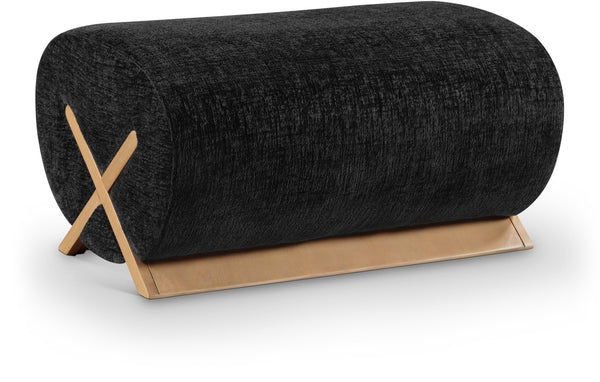 Meridian Furniture Akira Art Deco Upholstered Ottoman with Sculptural Solid Wood Base for Living Rooms Black Style 1 33071Black-Ott