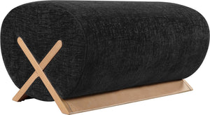 Meridian Furniture Akira Art Deco Upholstered Ottoman with Sculptural Solid Wood Base for Living Rooms Black Style 1 33071Black-Ott