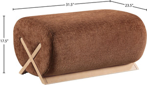 Meridian Furniture Akira Art Deco Upholstered Ottoman with Sculptural Solid Wood Base for Living Rooms Cognac Style 1 33071Cognac-Ott