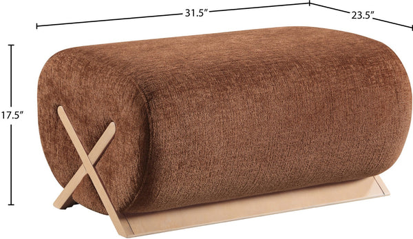 Meridian Furniture Akira Art Deco Upholstered Ottoman with Sculptural Solid Wood Base for Living Rooms Cognac Style 1 33071Cognac-Ott