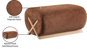 Meridian Furniture Akira Art Deco Upholstered Ottoman with Sculptural Solid Wood Base for Living Rooms Cognac Style 1 33071Cognac-Ott