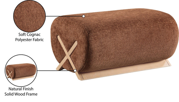 Meridian Furniture Akira Art Deco Upholstered Ottoman with Sculptural Solid Wood Base for Living Rooms Cognac Style 1 33071Cognac-Ott