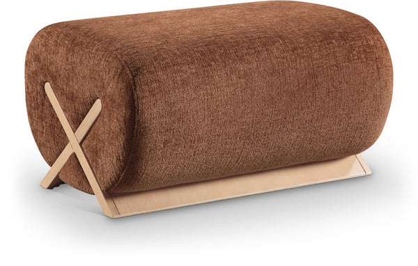 Meridian Furniture Akira Art Deco Upholstered Ottoman with Sculptural Solid Wood Base for Living Rooms Cognac Style 1 33071Cognac-Ott