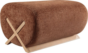 Meridian Furniture Akira Art Deco Upholstered Ottoman with Sculptural Solid Wood Base for Living Rooms Cognac Style 1 33071Cognac-Ott
