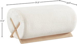 Meridian Furniture Akira Art Deco Upholstered Ottoman with Sculptural Solid Wood Base for Living Rooms Cream Style 1 33071Cream-Ott