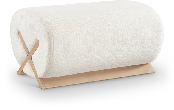 Meridian Furniture Akira Art Deco Upholstered Ottoman with Sculptural Solid Wood Base for Living Rooms Cream Style 1 33071Cream-Ott