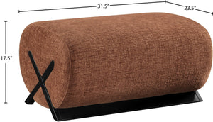 Meridian Furniture Akira Art Deco Upholstered Ottoman with Sculptural Solid Wood Base for Living Rooms Cognac Style 2 33072Cognac-Ott
