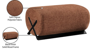 Meridian Furniture Akira Art Deco Upholstered Ottoman with Sculptural Solid Wood Base for Living Rooms Cognac Style 2 33072Cognac-Ott