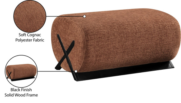 Meridian Furniture Akira Art Deco Upholstered Ottoman with Sculptural Solid Wood Base for Living Rooms Cognac Style 2 33072Cognac-Ott