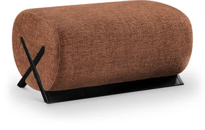 Meridian Furniture Akira Art Deco Upholstered Ottoman with Sculptural Solid Wood Base for Living Rooms Cognac Style 2 33072Cognac-Ott
