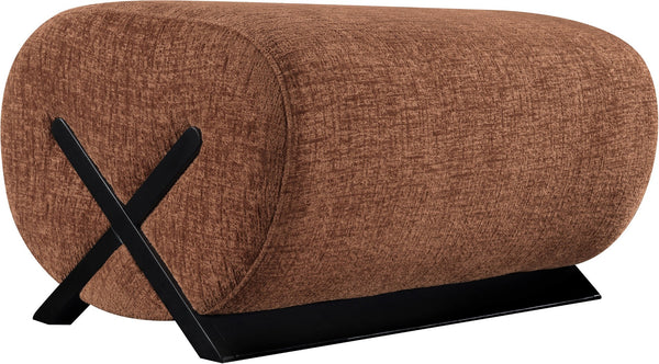 Meridian Furniture Akira Art Deco Upholstered Ottoman with Sculptural Solid Wood Base for Living Rooms Cognac Style 2 33072Cognac-Ott