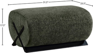 Meridian Furniture Akira Art Deco Upholstered Ottoman with Sculptural Solid Wood Base for Living Rooms Green Style 2 33072Green-Ott