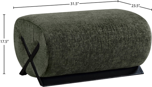Meridian Furniture Akira Art Deco Upholstered Ottoman with Sculptural Solid Wood Base for Living Rooms Green Style 2 33072Green-Ott