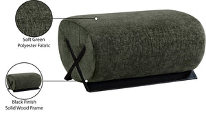 Meridian Furniture Akira Art Deco Upholstered Ottoman with Sculptural Solid Wood Base for Living Rooms Green Style 2 33072Green-Ott