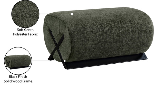 Meridian Furniture Akira Art Deco Upholstered Ottoman with Sculptural Solid Wood Base for Living Rooms Green Style 2 33072Green-Ott