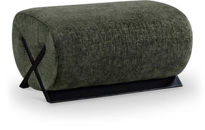 Meridian Furniture Akira Art Deco Upholstered Ottoman with Sculptural Solid Wood Base for Living Rooms Green Style 2 33072Green-Ott