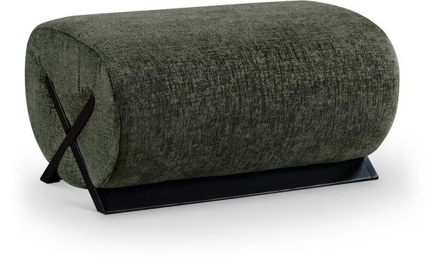 Meridian Furniture Akira Art Deco Upholstered Ottoman with Sculptural Solid Wood Base for Living Rooms Green Style 2 33072Green-Ott