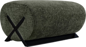 Meridian Furniture Akira Art Deco Upholstered Ottoman with Sculptural Solid Wood Base for Living Rooms Green Style 2 33072Green-Ott
