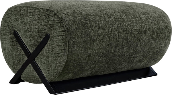 Meridian Furniture Akira Art Deco Upholstered Ottoman with Sculptural Solid Wood Base for Living Rooms Green Style 2 33072Green-Ott