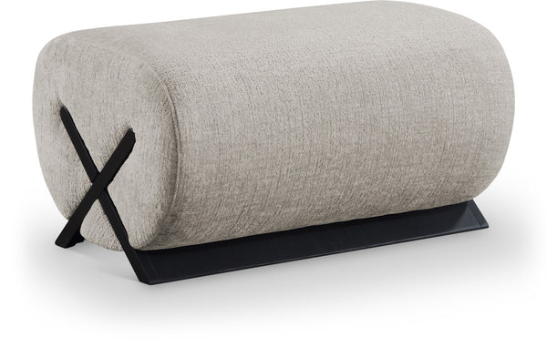 Meridian Furniture Akira Art Deco Upholstered Ottoman with Sculptural Solid Wood Base for Living Rooms Grey Style 2 33072Grey-Ott