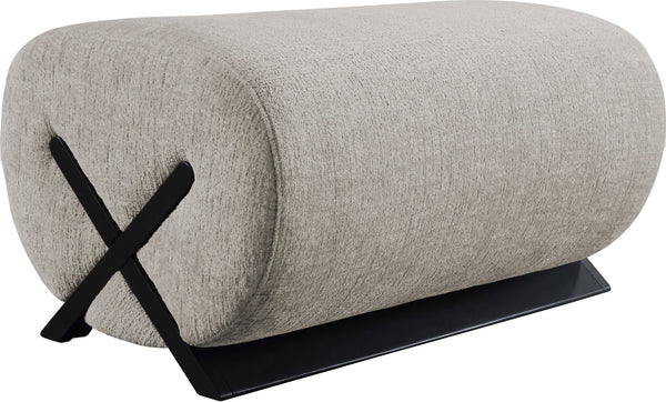 Meridian Furniture Akira Art Deco Upholstered Ottoman with Sculptural Solid Wood Base for Living Rooms Grey Style 2 33072Grey-Ott
