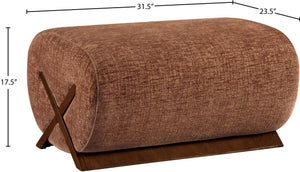 Meridian Furniture Akira Art Deco Upholstered Ottoman with Sculptural Solid Wood Base for Living Rooms Cognac Style 3 33073Cognac-Ott