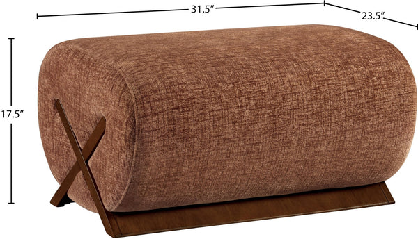 Meridian Furniture Akira Art Deco Upholstered Ottoman with Sculptural Solid Wood Base for Living Rooms Cognac Style 3 33073Cognac-Ott