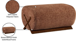 Meridian Furniture Akira Art Deco Upholstered Ottoman with Sculptural Solid Wood Base for Living Rooms Cognac Style 3 33073Cognac-Ott