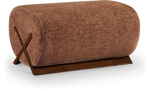 Meridian Furniture Akira Art Deco Upholstered Ottoman with Sculptural Solid Wood Base for Living Rooms Cognac Style 3 33073Cognac-Ott
