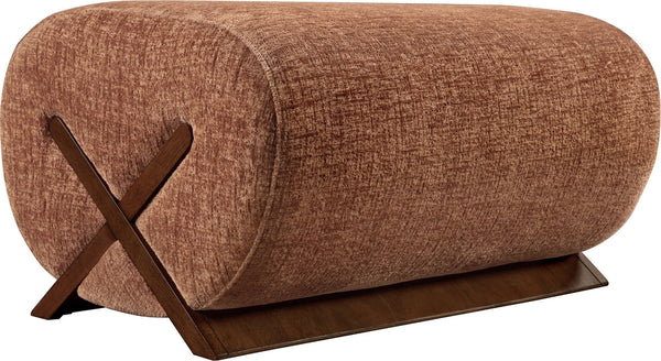 Meridian Furniture Akira Art Deco Upholstered Ottoman with Sculptural Solid Wood Base for Living Rooms Cognac Style 3 33073Cognac-Ott