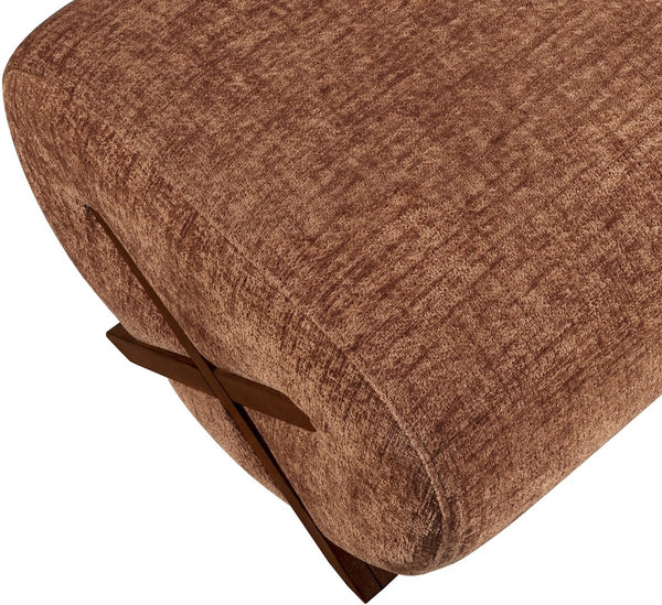 Meridian Furniture Akira Art Deco Upholstered Ottoman with Sculptural Solid Wood Base for Living Rooms Cognac Style 3 33073Cognac-Ott