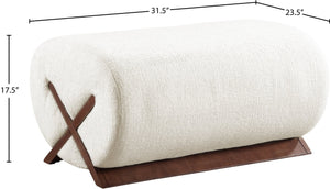 Meridian Furniture Akira Art Deco Upholstered Ottoman with Sculptural Solid Wood Base for Living Rooms Cream Style 3 33073Cream-Ott