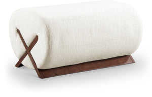 Meridian Furniture Akira Art Deco Upholstered Ottoman with Sculptural Solid Wood Base for Living Rooms Cream Style 3 33073Cream-Ott