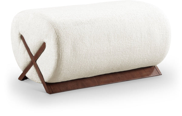 Meridian Furniture Akira Art Deco Upholstered Ottoman with Sculptural Solid Wood Base for Living Rooms Cream Style 3 33073Cream-Ott