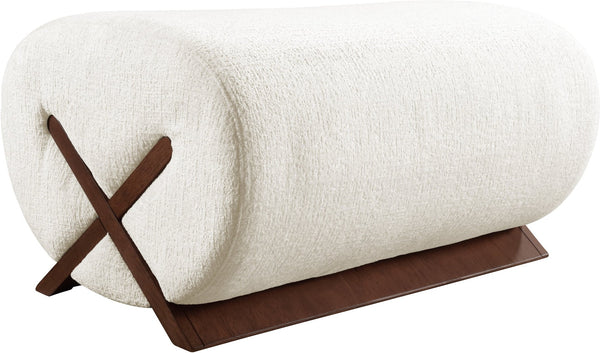 Meridian Furniture Akira Art Deco Upholstered Ottoman with Sculptural Solid Wood Base for Living Rooms Cream Style 3 33073Cream-Ott