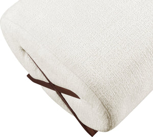 Meridian Furniture Akira Art Deco Upholstered Ottoman with Sculptural Solid Wood Base for Living Rooms Cream Style 3 33073Cream-Ott