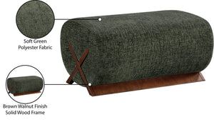 Meridian Furniture Akira Art Deco Upholstered Ottoman with Sculptural Solid Wood Base for Living Rooms Green Style 3 33073Green-Ott