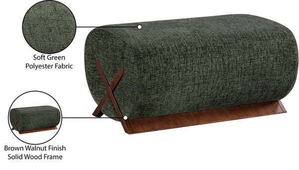 Meridian Furniture Akira Art Deco Upholstered Ottoman with Sculptural Solid Wood Base for Living Rooms Green Style 3 33073Green-Ott