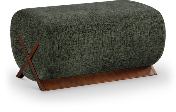 Meridian Furniture Akira Art Deco Upholstered Ottoman with Sculptural Solid Wood Base for Living Rooms Green Style 3 33073Green-Ott