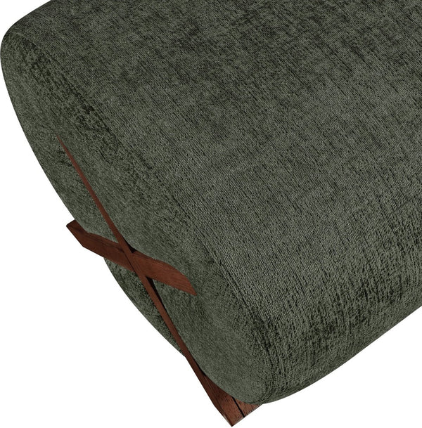 Meridian Furniture Akira Art Deco Upholstered Ottoman with Sculptural Solid Wood Base for Living Rooms Green Style 3 33073Green-Ott