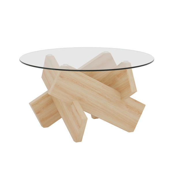 English Elm Circular Tempered Glass Round Coffee Table with Wood Tone Mdf Legs for Modern Living W1151P146792
