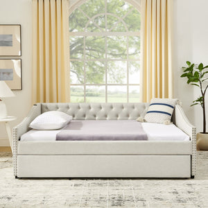 English Elm Full Size Upholstered Daybed with Trundle Usb Ports Tufted Back Wave Arms W1413S00158