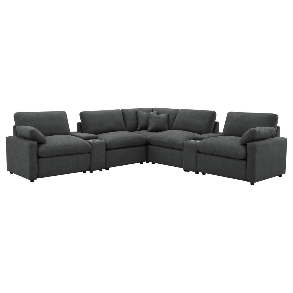 English Elm Dark Grey Modular Sectional with Power Recliners Consoles and Lift Top Storage B062S01848