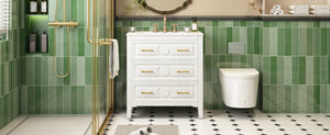 English Elm 30'' Bathroom Vanity with Ceramic Sink, Solid Wood Frame Retro Style Vanity with 3 Drawers & Gold Handles White N710P246209K