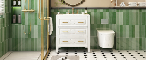 English Elm 30'' Bathroom Vanity with Ceramic Sink, Solid Wood Frame Retro Style Vanity with 3 Drawers & Gold Handles White N710P246209K